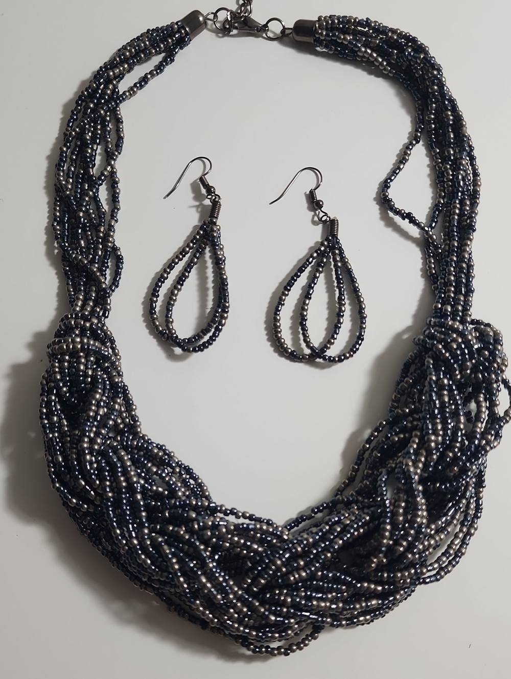 Multi-Strand Beaded Necklace and Teardrop Earrings - Navy and Silver